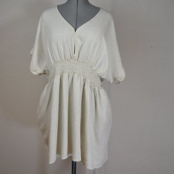 Smock Waist Lagenlook Tunic Maternity Top Beach ,oat colour linen - Picture 1 of 10